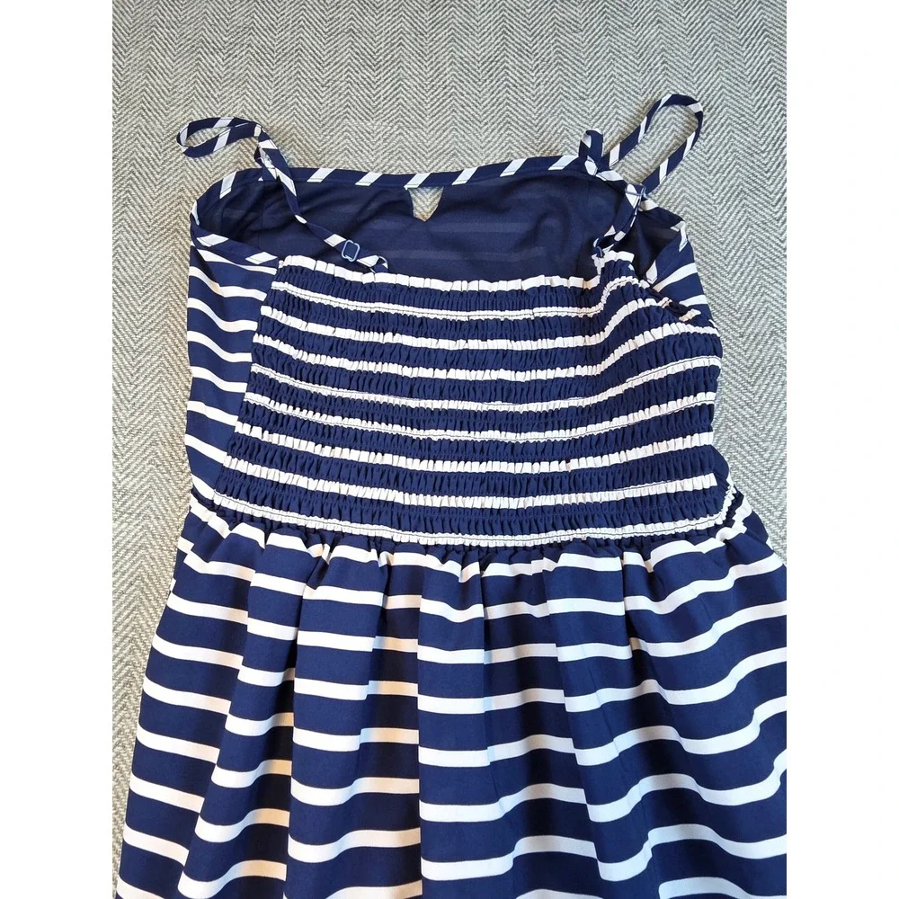 ana A New Approach Navy Blue White Striped Smocked Midi Sundress Womens Medium